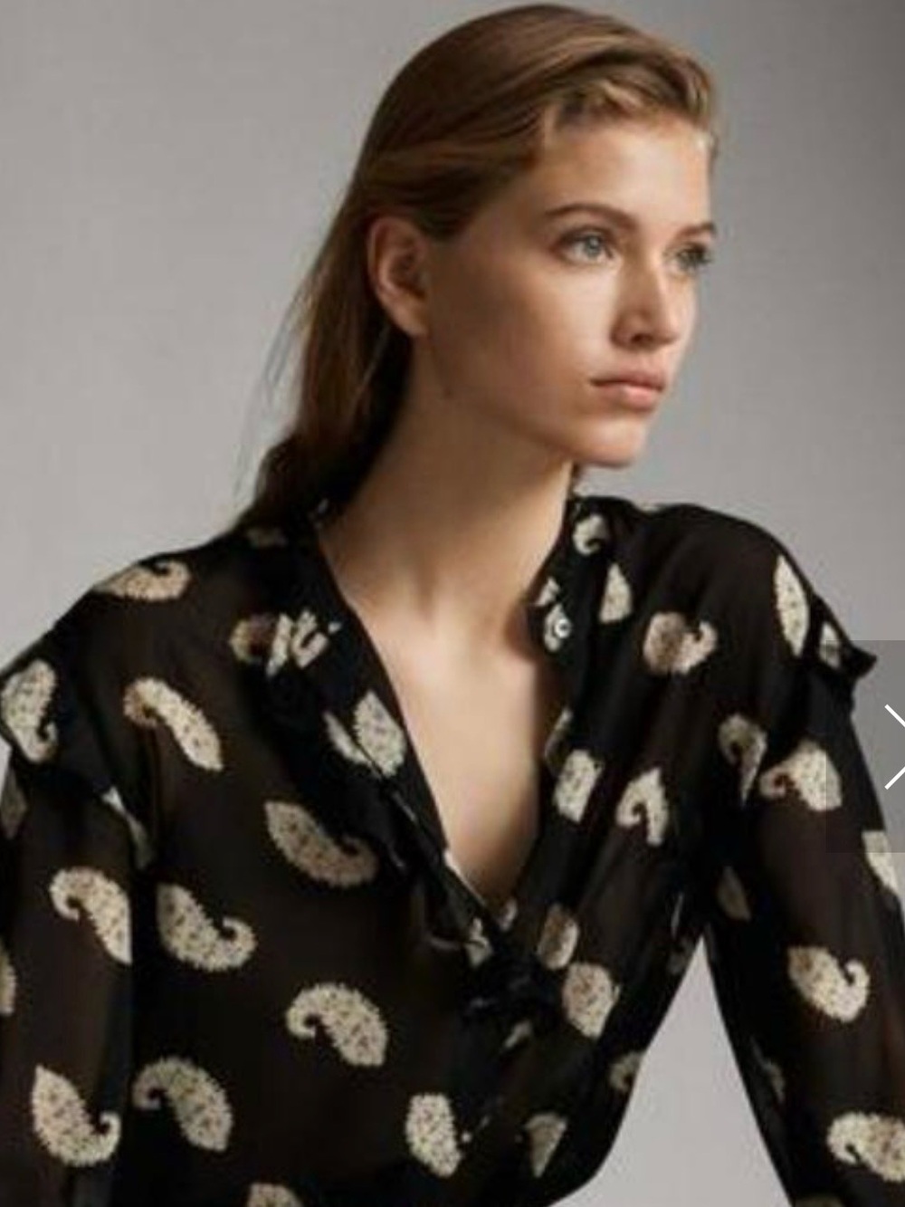 Massimo Dutti Black Paisley Sheer Ruffle Blouse Size 2 Made in Portugal